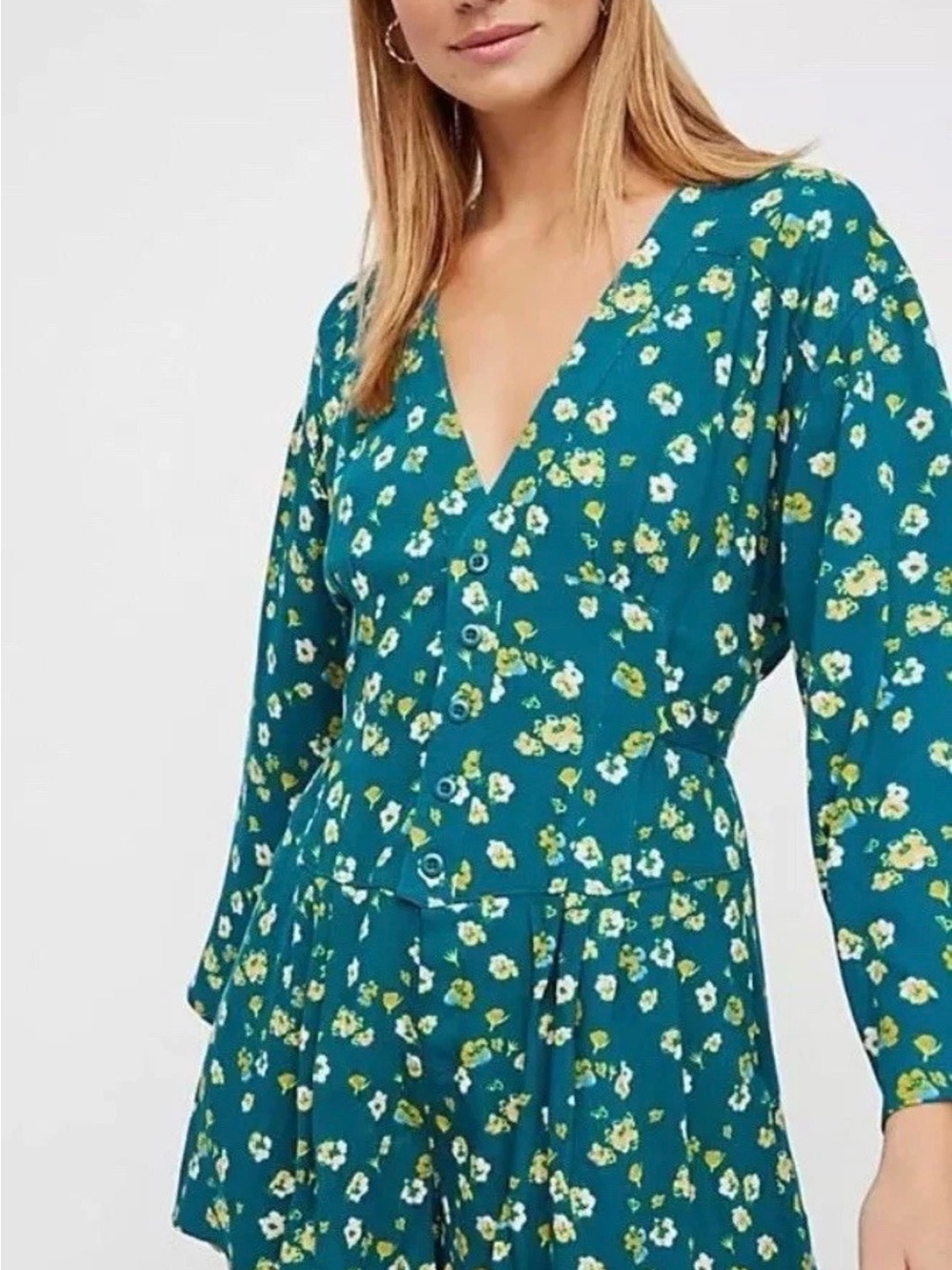 Free People L’Amour Romper Womens 4 Teal Floral Tie Waist Boho Festival Rayon